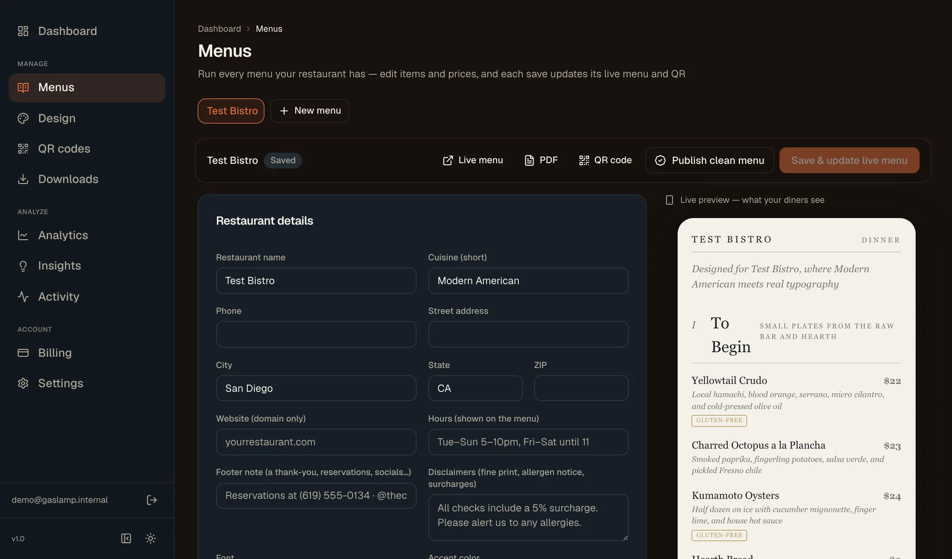 The Gaslamp editor: dishes and prices on the left, the live menu preview on the right
