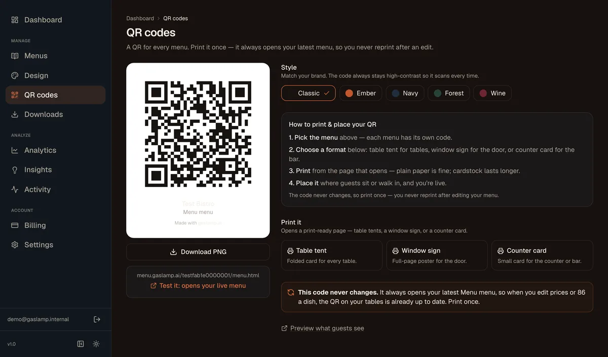 The Gaslamp QR screen: the code, five color styles, and print buttons for a table tent, window sign, and counter card
