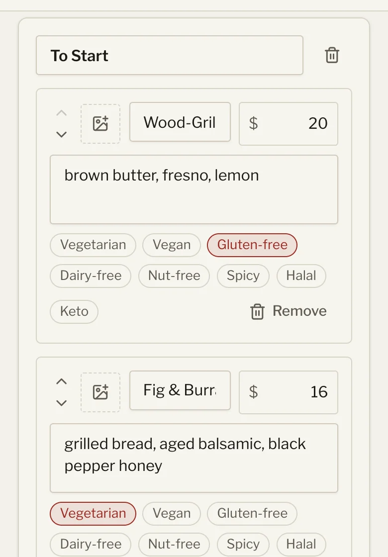 Screenshot of the Gaslamp editor on a phone: the Wood-Grilled Oysters price changed from 18 to 20