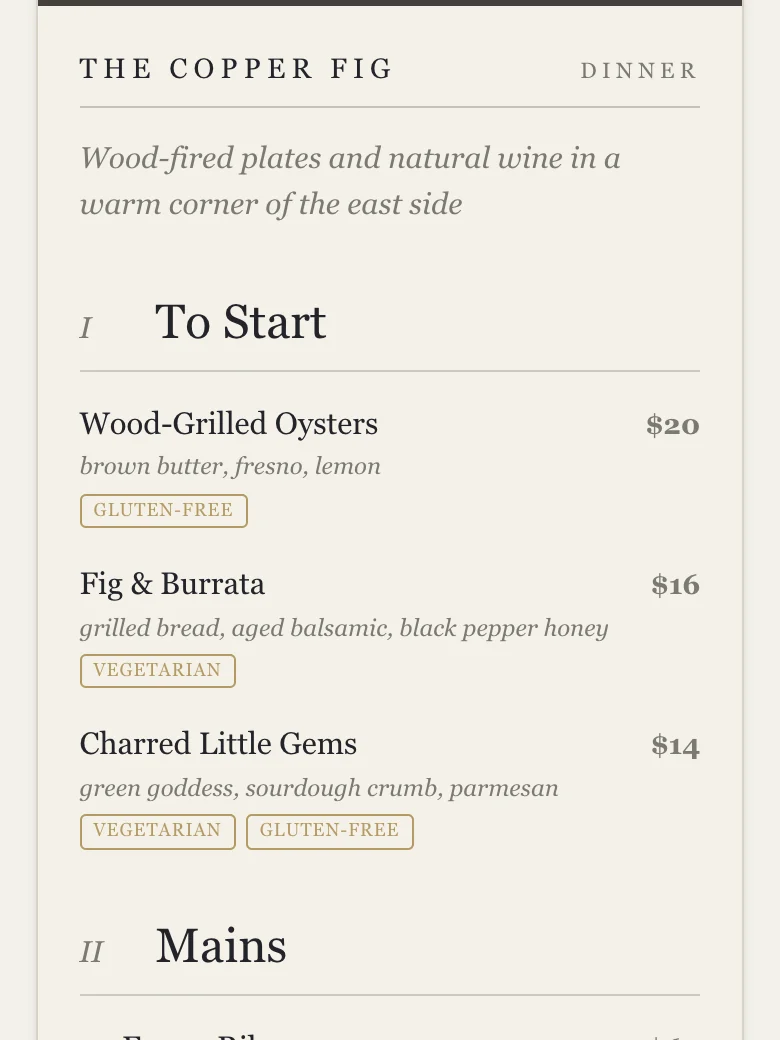 Screenshot of the same menu on a phone, now showing Wood-Grilled Oysters at $20