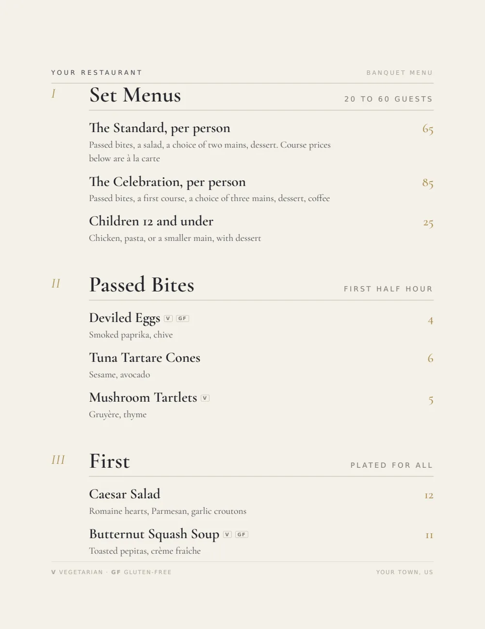 The sample banquet menu, a real Gaslamp render