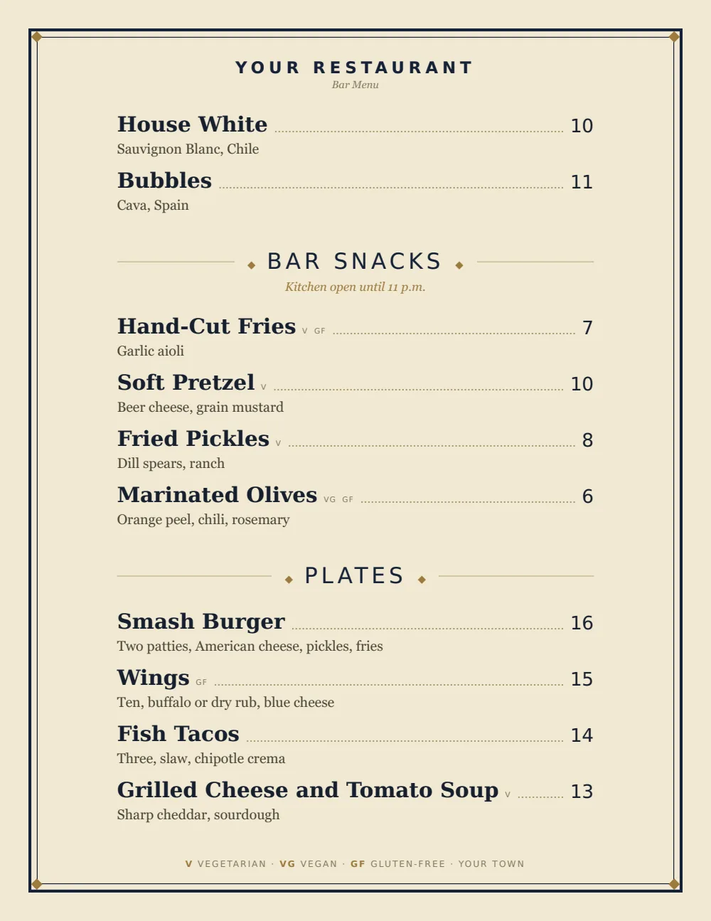 Classic American bar menu menu template, second menu page