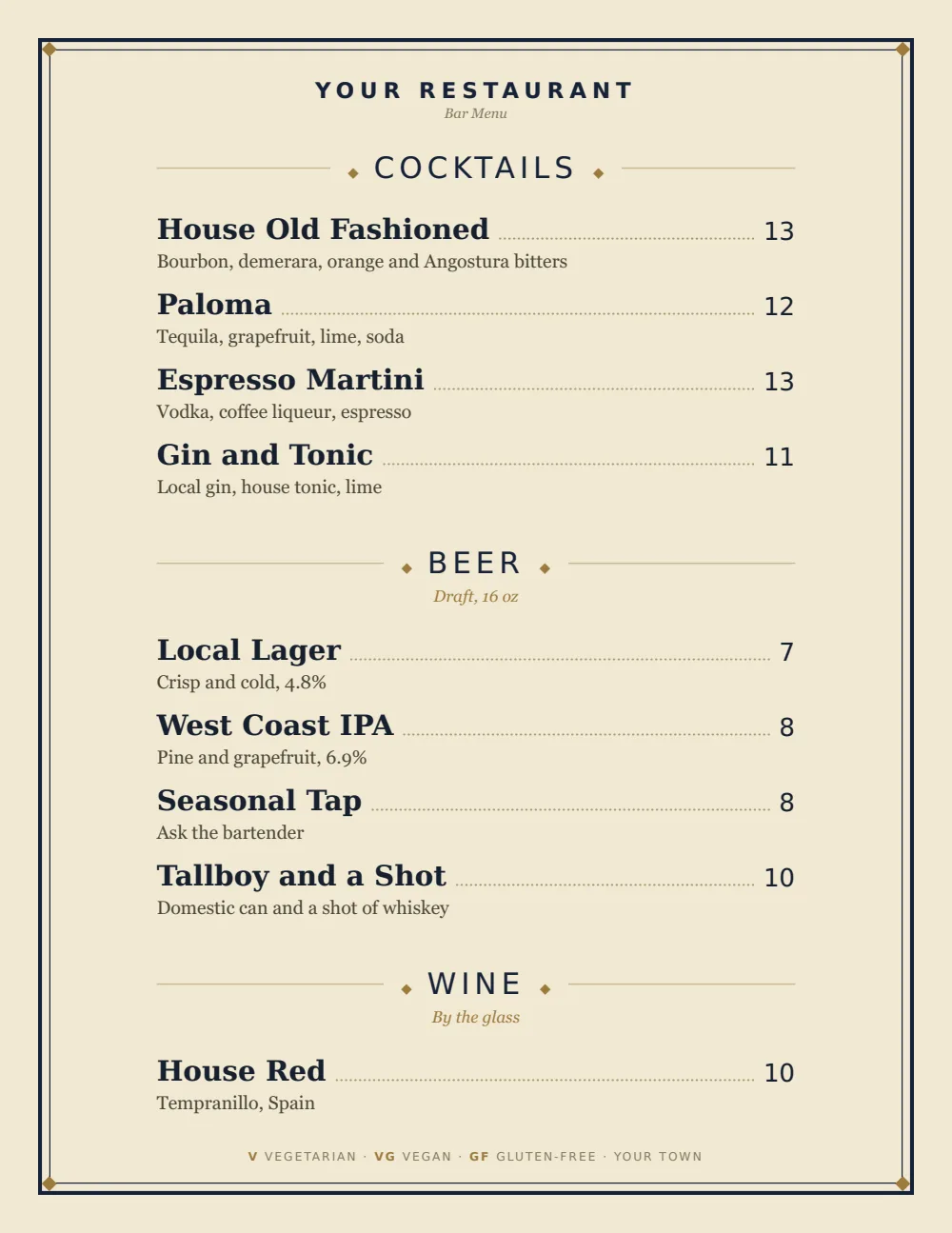 Classic American bar menu menu template, first menu page