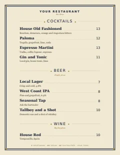 Bar menu template in the Classic American design