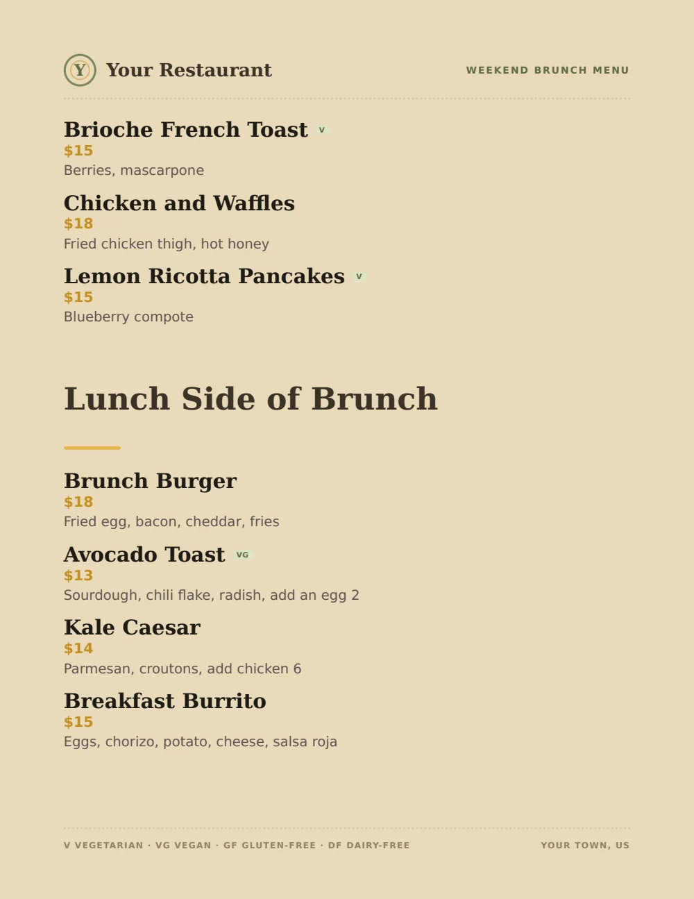 Casual Café brunch menu menu template, second menu page