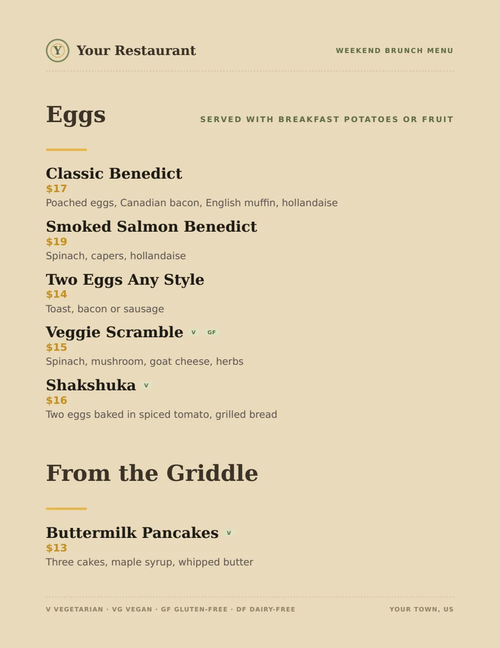 Casual Café brunch menu menu template, first menu page