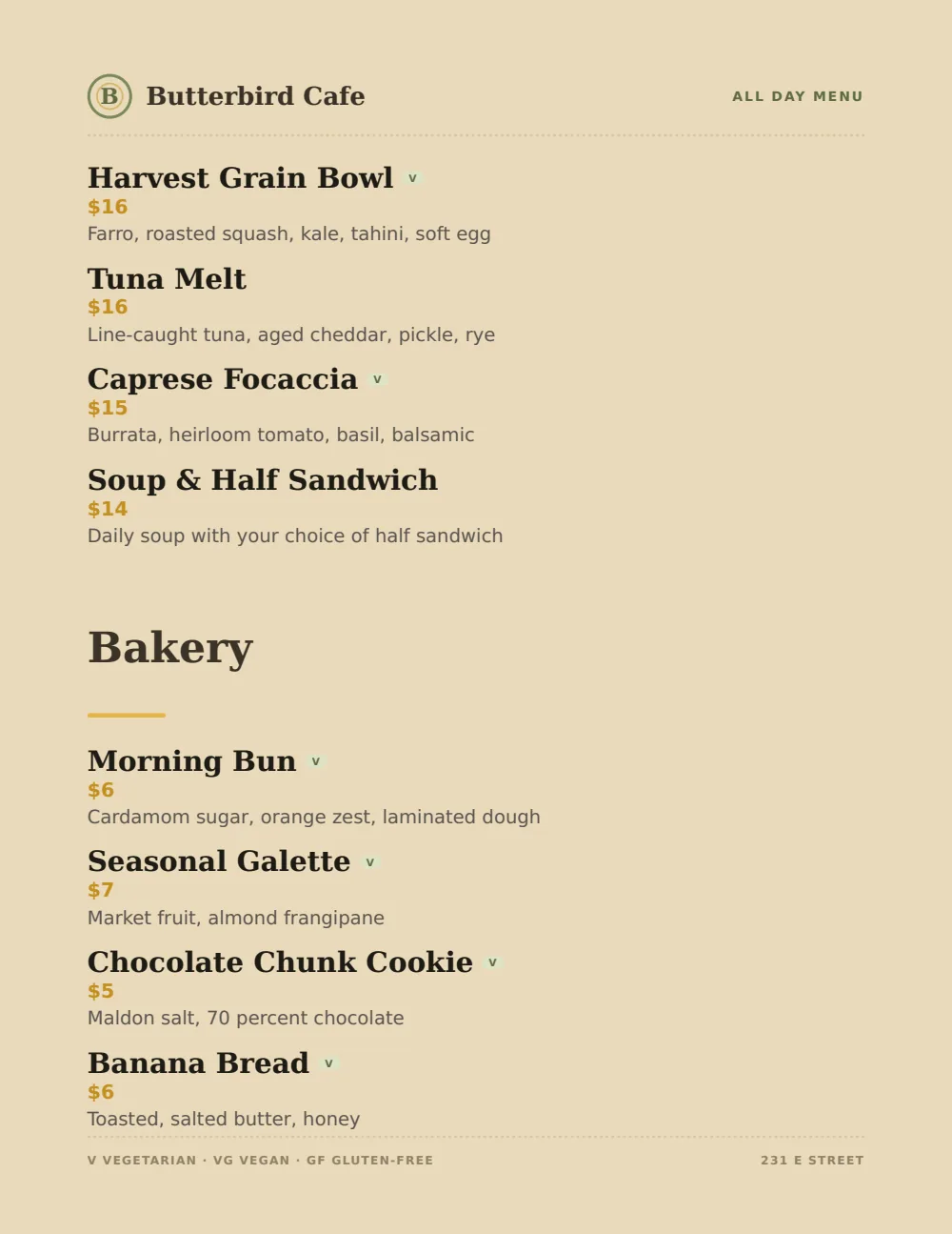 Casual Café restaurant menu design — menu page, Butterbird Cafe — Davis, CA