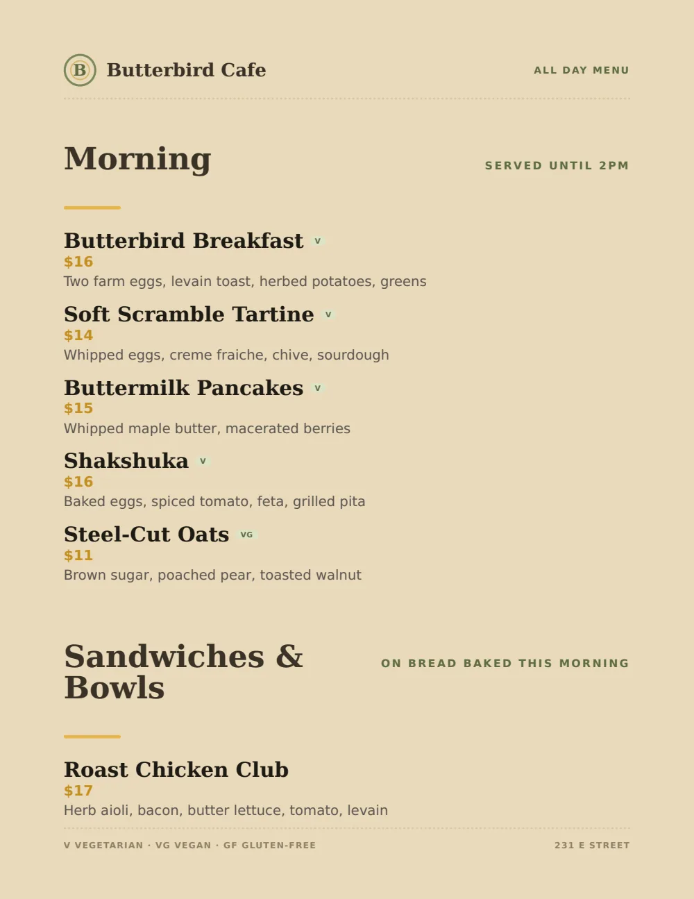 Casual Café restaurant menu design — cover, Butterbird Cafe — Davis, CA