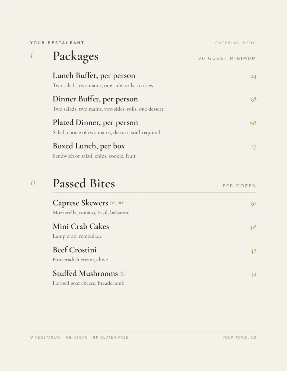 Upscale Contemporary catering menu menu template, first menu page