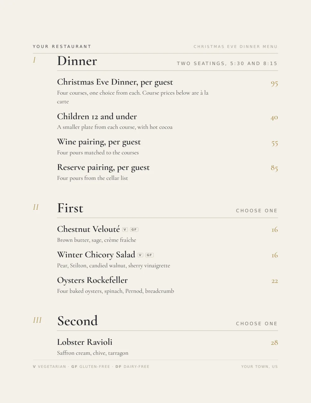 The sample Christmas menu, a real Gaslamp render