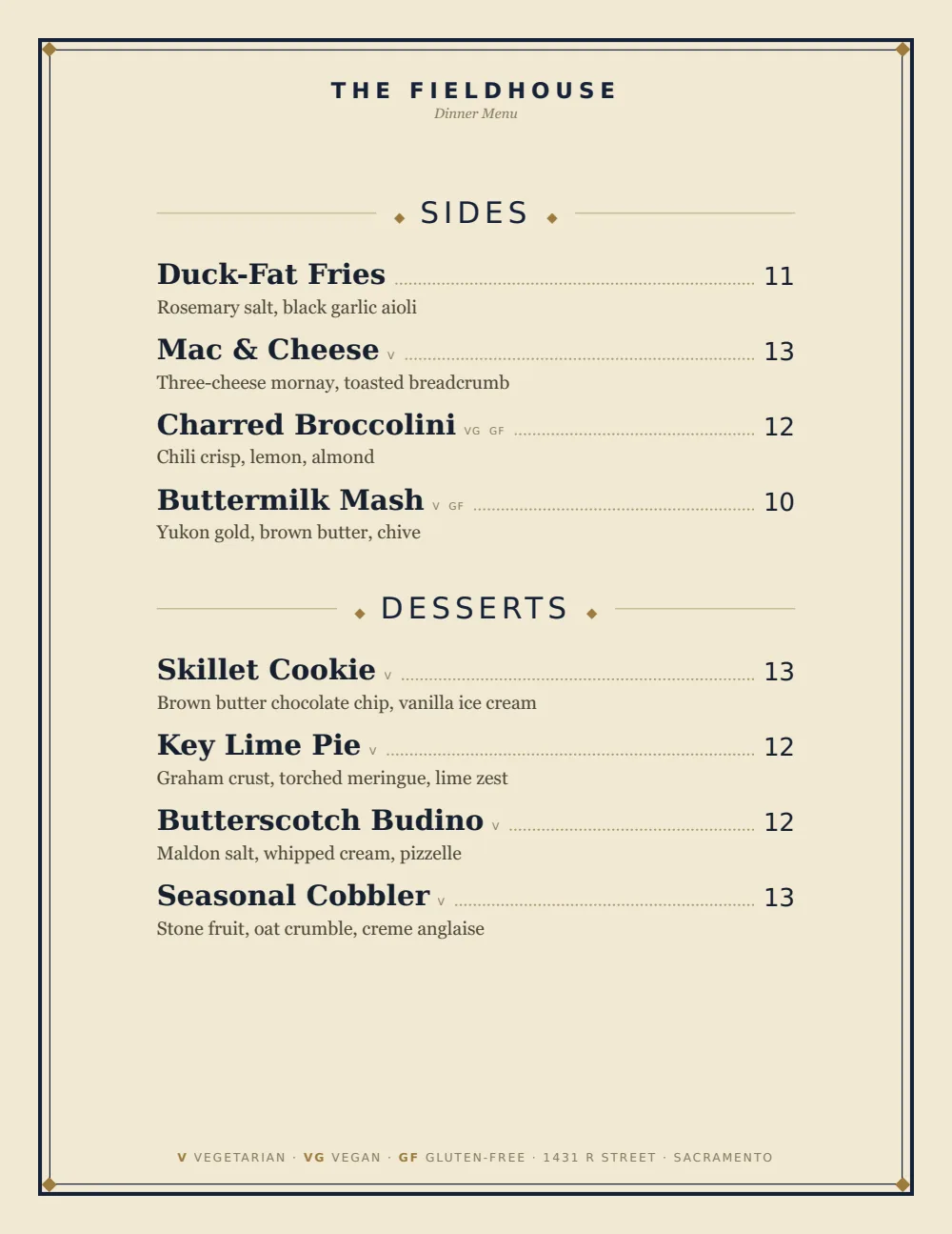 Classic American restaurant menu design — menu page, The Fieldhouse — Sacramento, CA