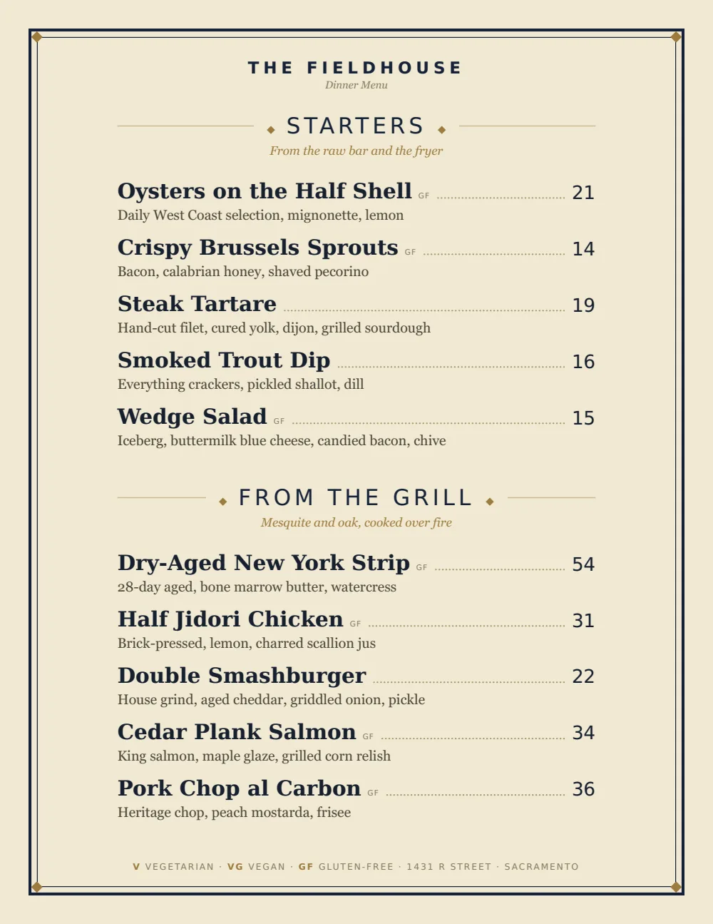 Classic American restaurant menu design — cover, The Fieldhouse — Sacramento, CA