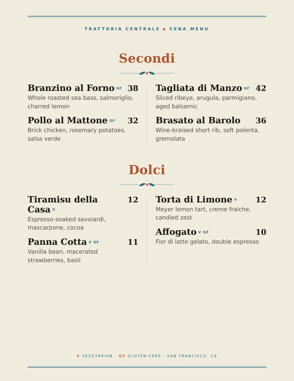 Coastal Mediterranean restaurant menu design — menu page, Trattoria Centrale — San Francisco, CA