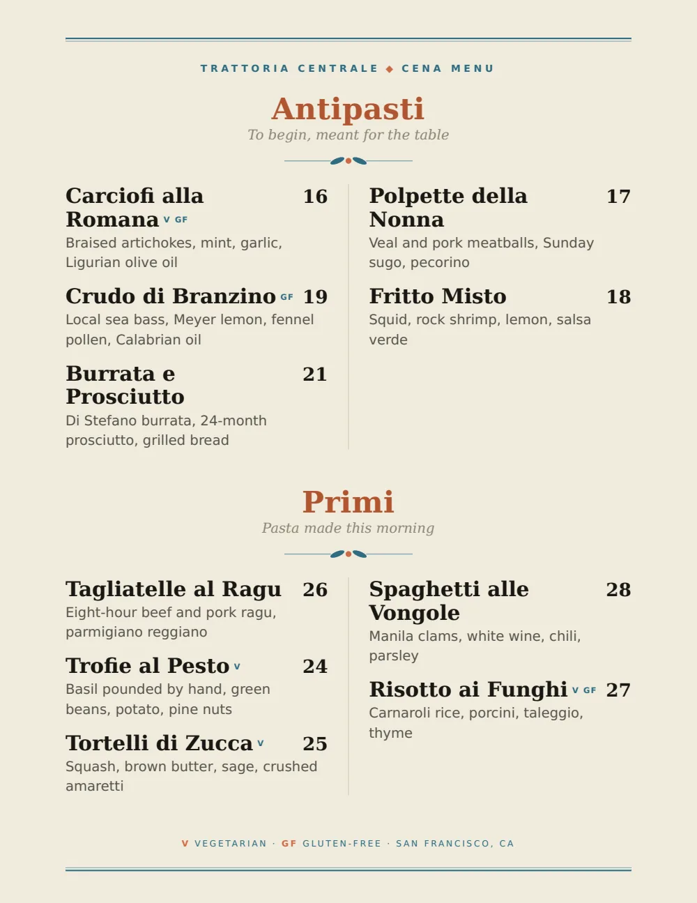 Coastal Mediterranean restaurant menu design — cover, Trattoria Centrale — San Francisco, CA