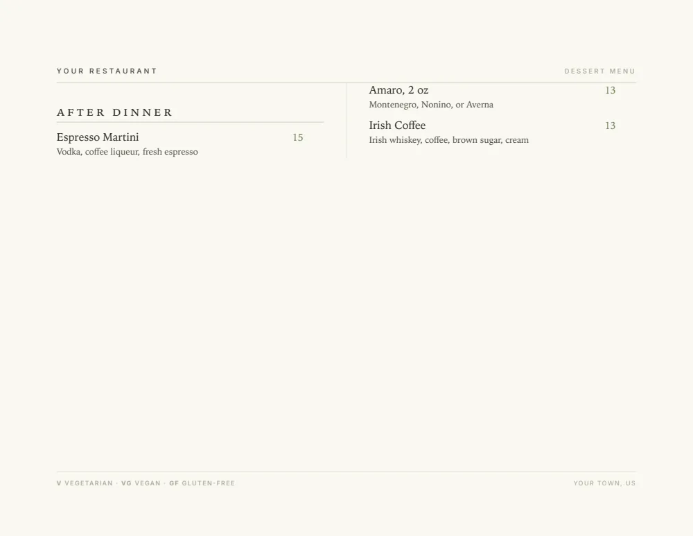Elegant Landscape dessert menu menu template, second menu page