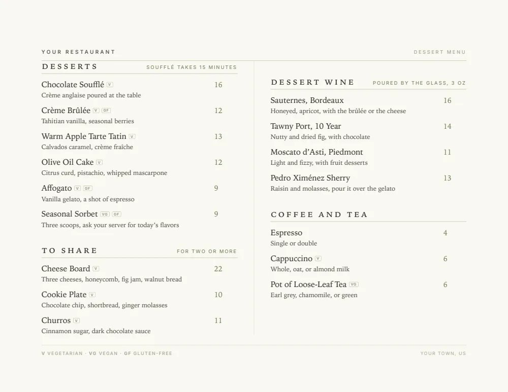 Elegant Landscape dessert menu menu template, first menu page