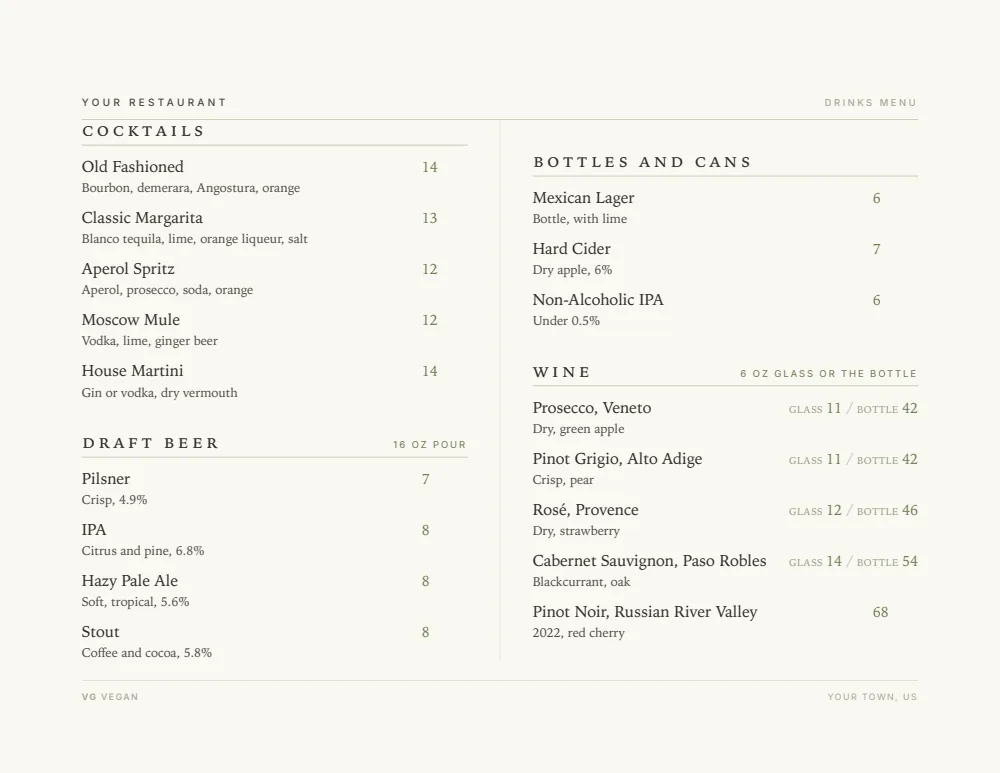 Elegant Landscape drink menu menu template, first menu page