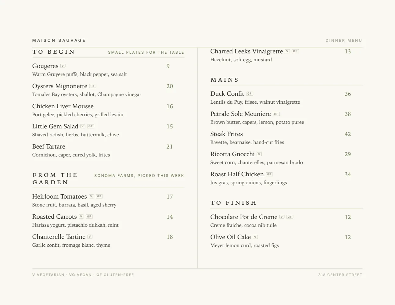 Elegant Landscape restaurant menu design cover, Maison Sauvage, Healdsburg, CA