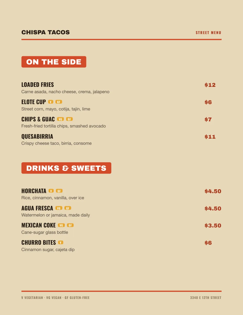 Food Truck restaurant menu design page, Chispa Tacos, Oakland, CA