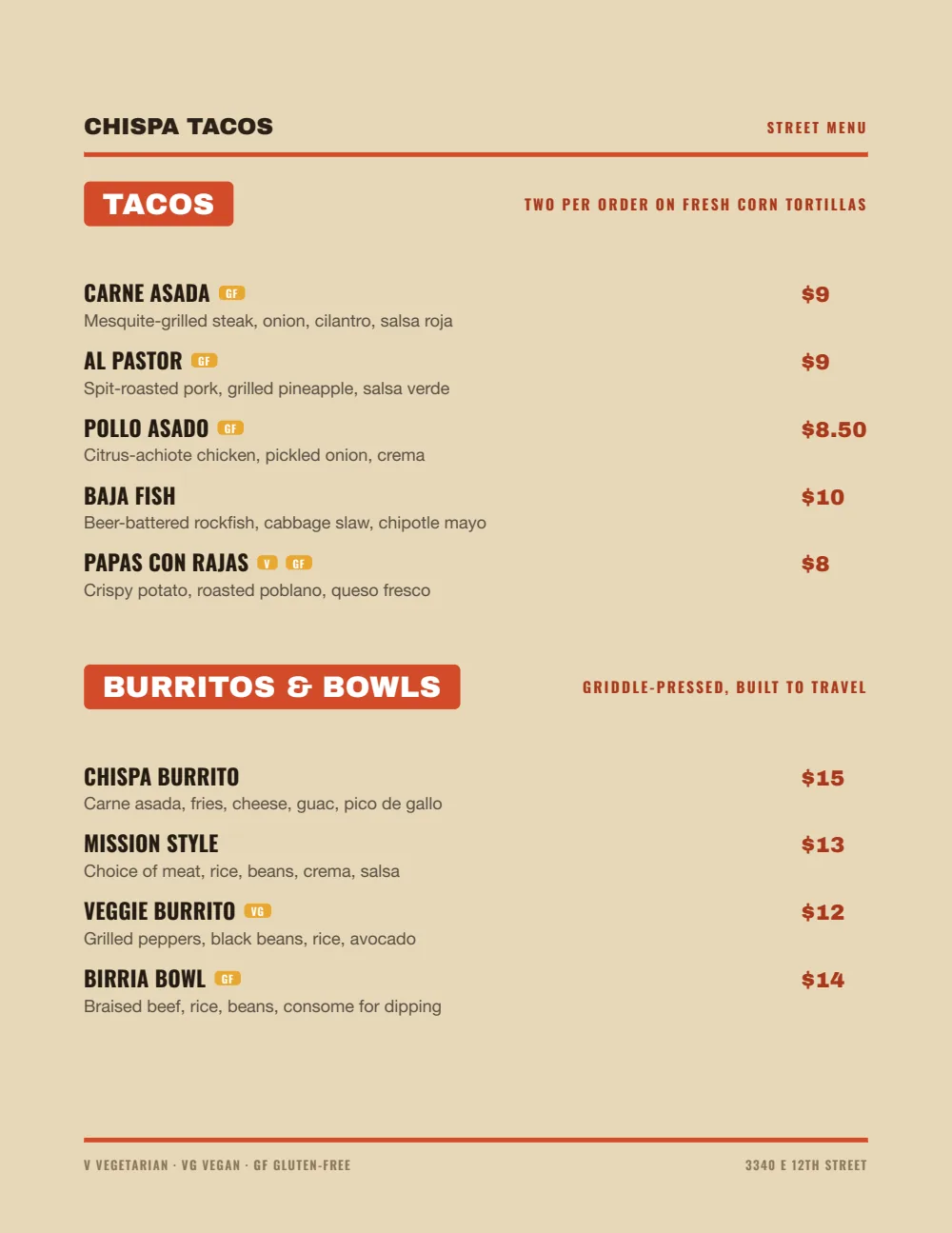 Food Truck restaurant menu design cover, Chispa Tacos, Oakland, CA