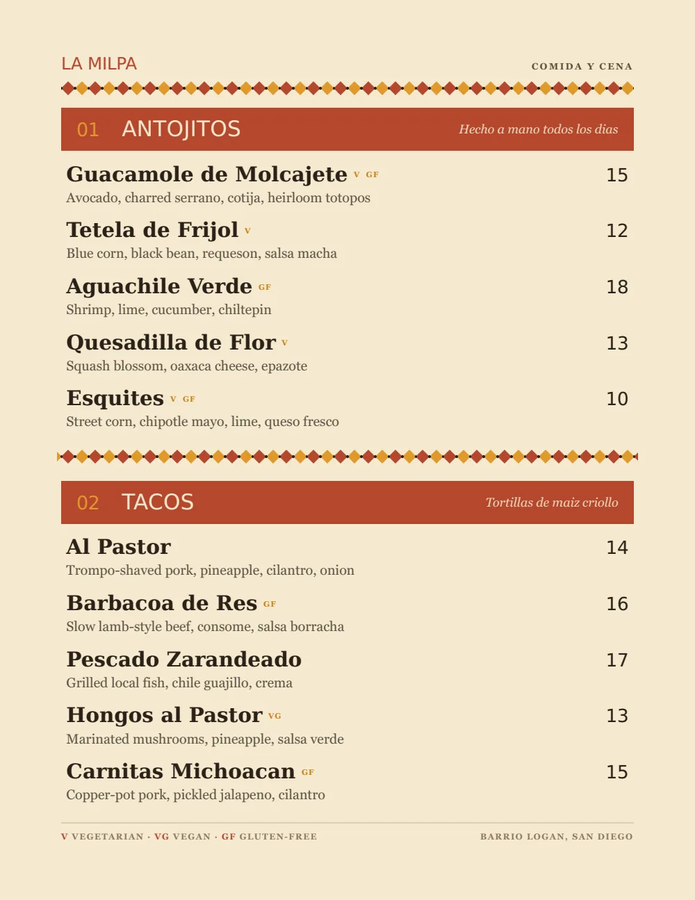 Latin American restaurant menu design — cover, La Milpa — San Diego, CA