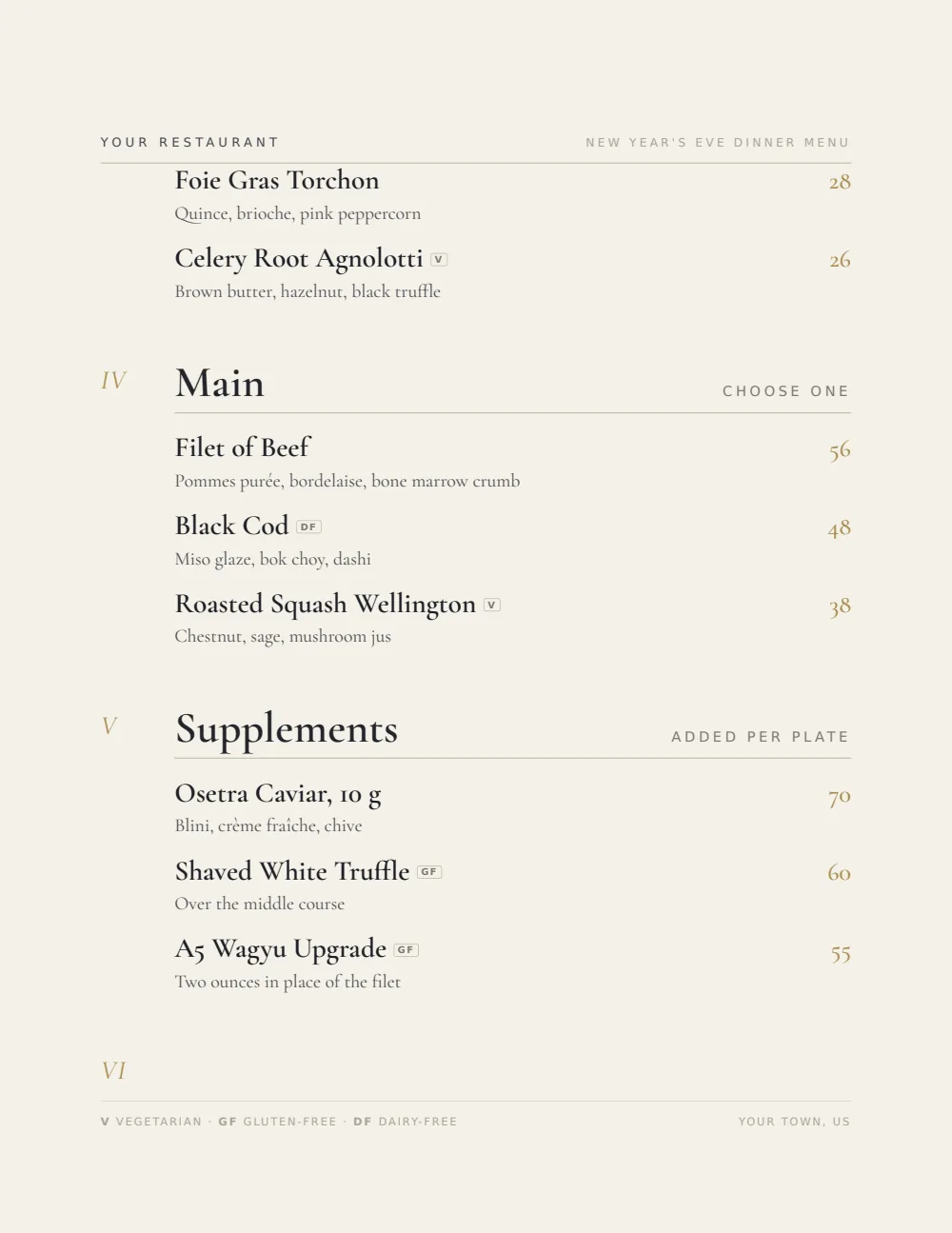 Upscale Contemporary New Year’s Eve menu menu template, second menu page