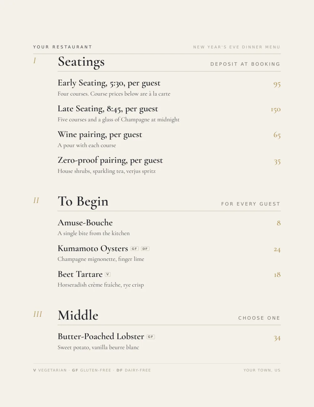 The sample New Year’s Eve menu, a real Gaslamp render
