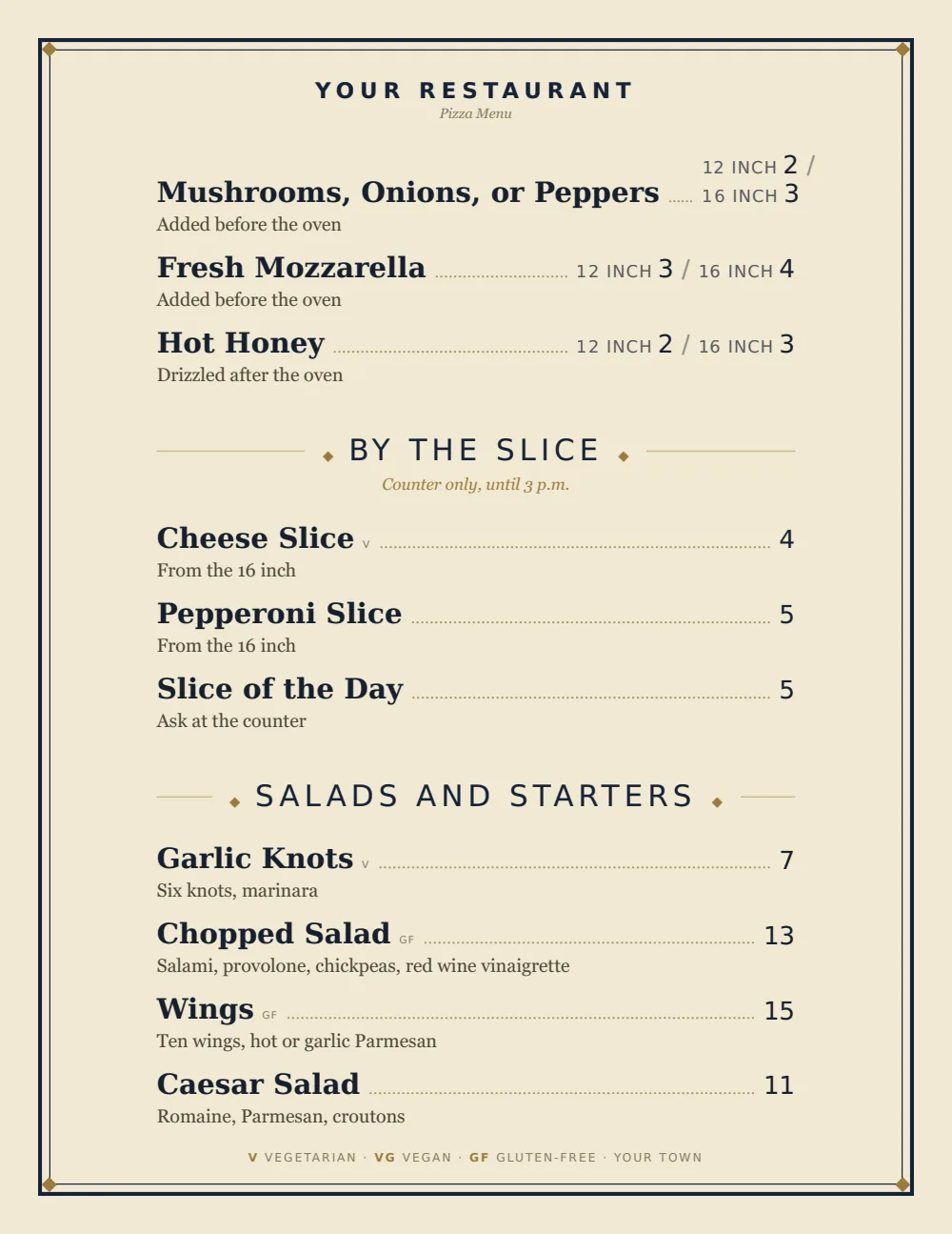 Classic American pizza menu menu template, second menu page