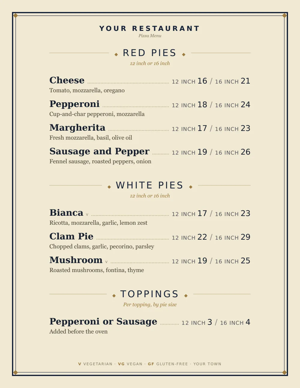 Classic American pizza menu menu template, first menu page