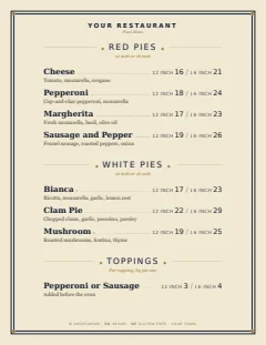 Pizza menu template in the Classic American design