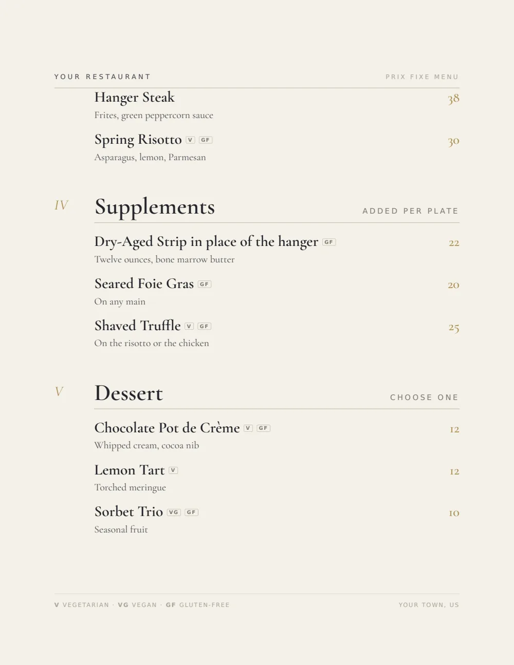 Upscale Contemporary prix fixe menu menu template, second menu page