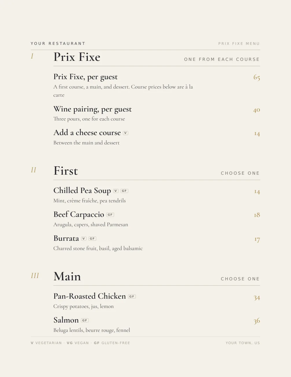 Upscale Contemporary prix fixe menu menu template, first menu page