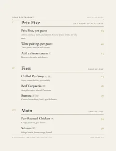 Prix fixe menu template in the Upscale Contemporary design