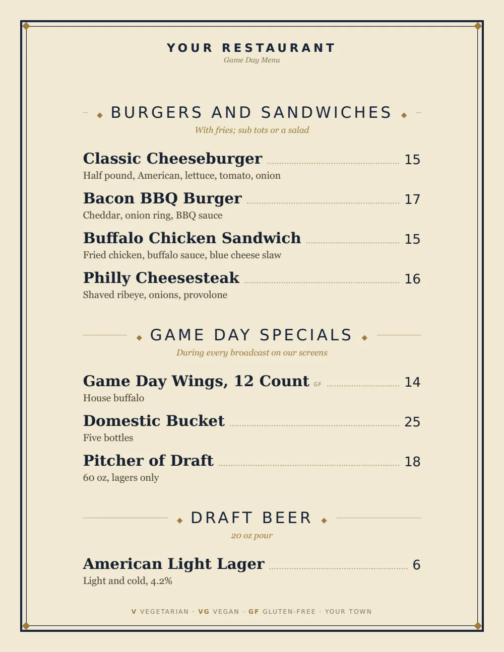 Classic American sports bar menu menu template, second menu page