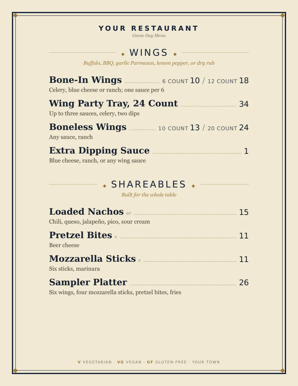 Classic American sports bar menu menu template, first menu page