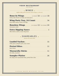 Sports bar menu template in the Classic American design