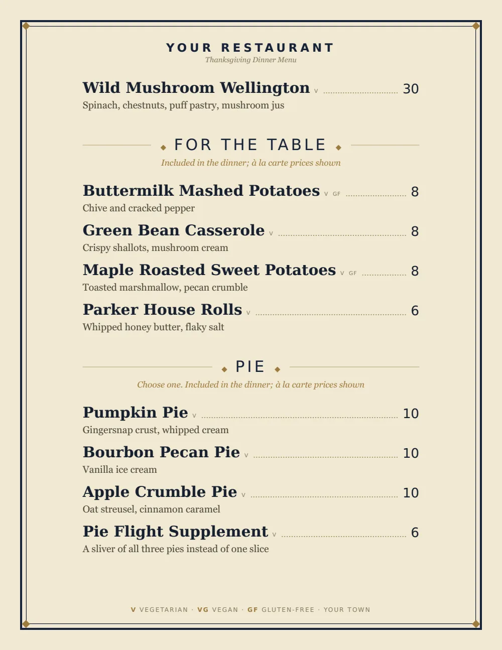 Classic American Thanksgiving menu menu template, second menu page