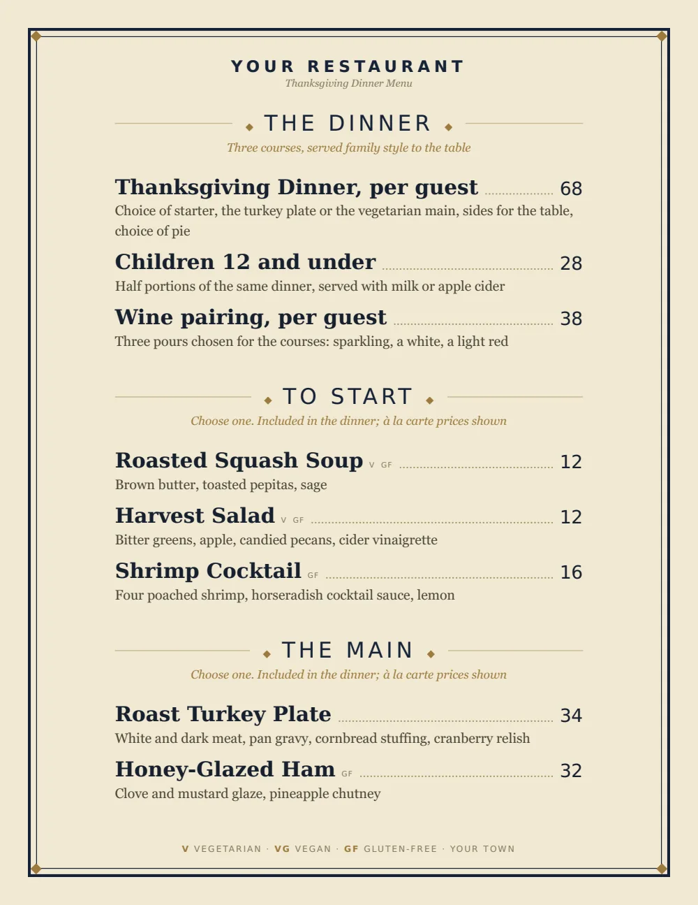 The sample Thanksgiving menu, a real Gaslamp render