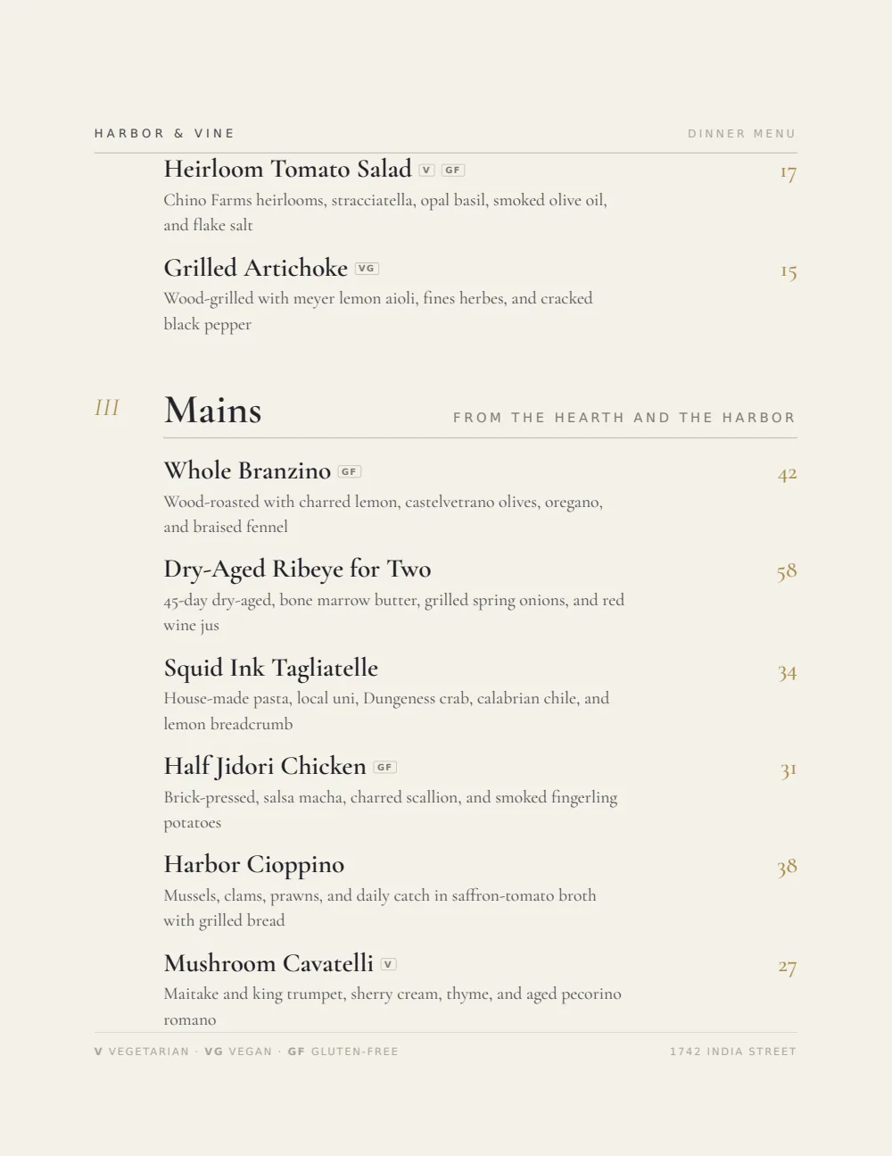 Upscale Contemporary restaurant menu design — menu page, Harbor & Vine — San Diego, CA