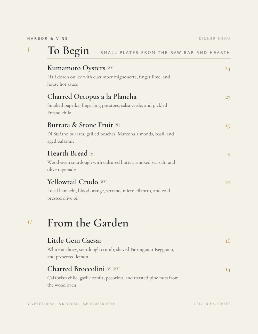 Upscale Contemporary restaurant menu design — cover, Harbor & Vine — San Diego, CA