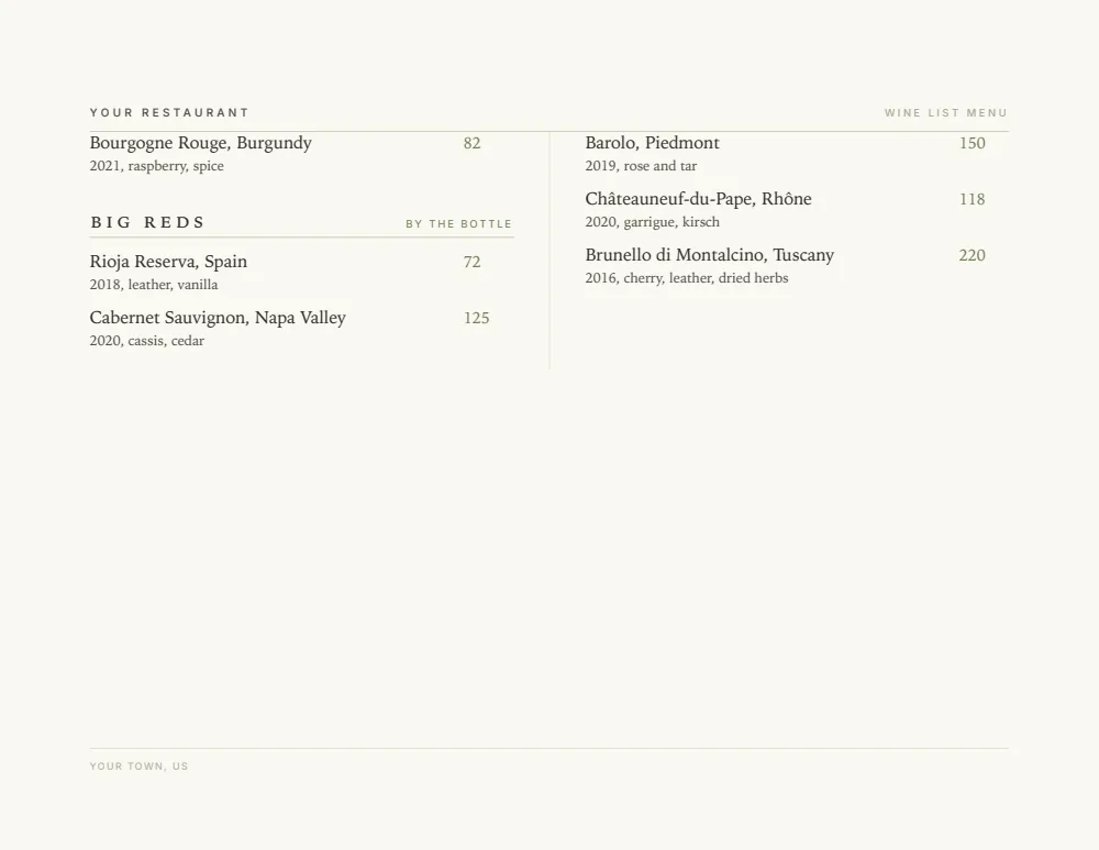 Elegant Landscape wine list menu template, second menu page