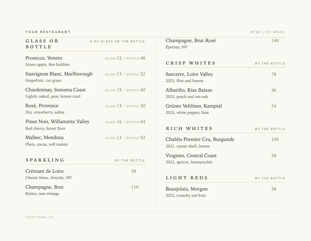 Elegant Landscape wine list menu template, first menu page