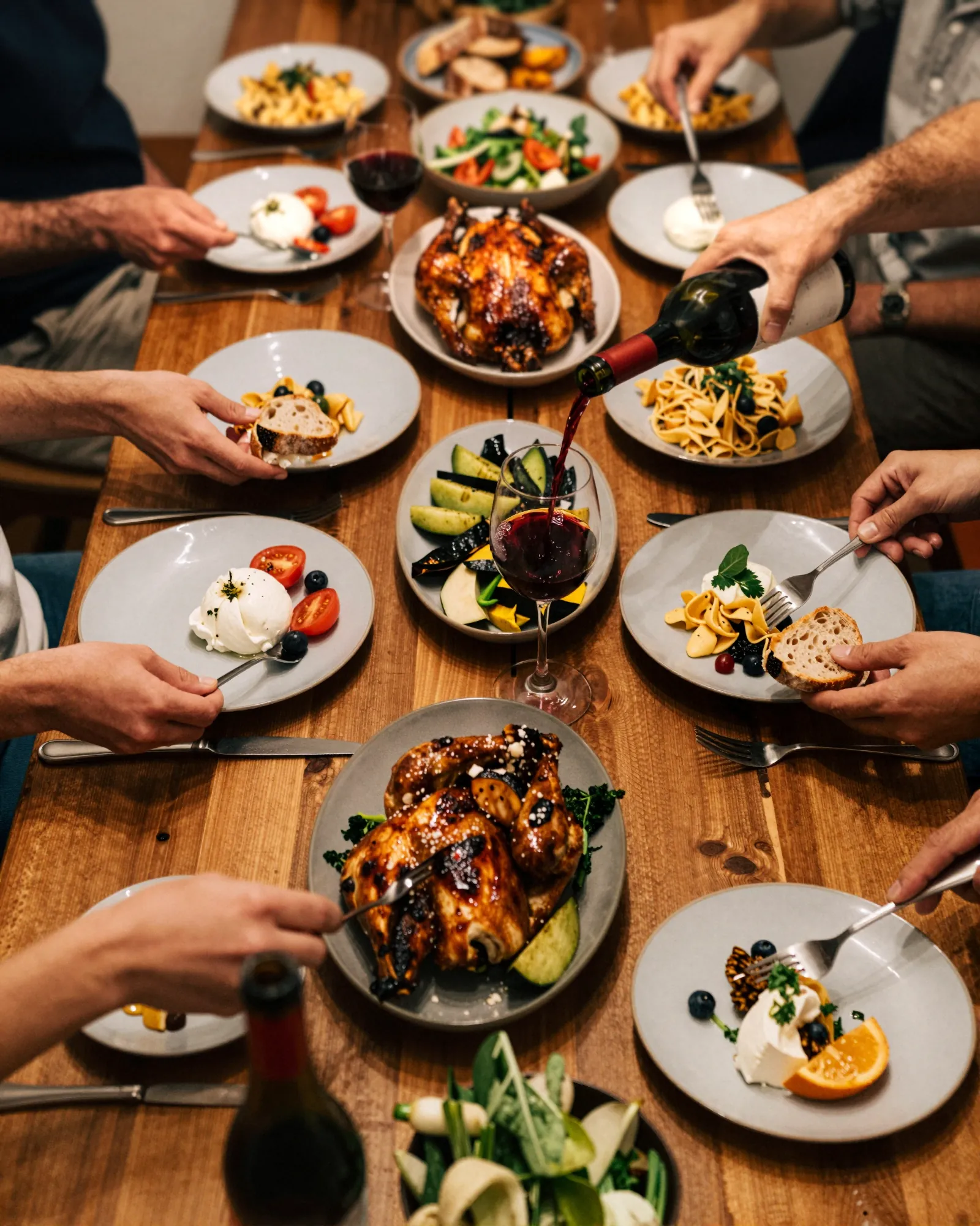 Overhead view of a long shared dinner table crowded with roast chicken, pasta, burrata, grilled vegetables, and bread as friends pass plates