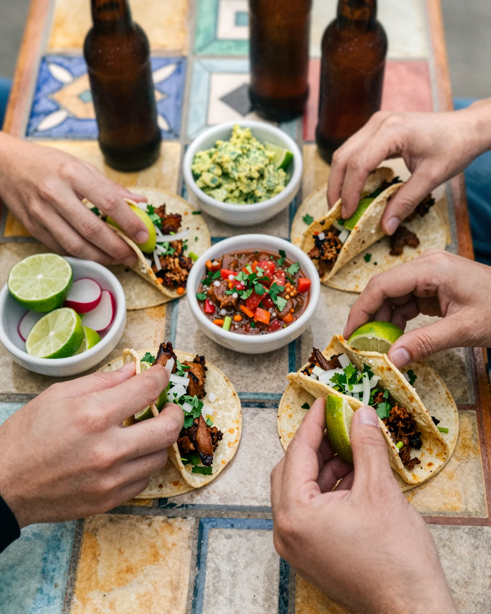 Friends grabbing tacos from a tiled table with salsas, limes, and beer