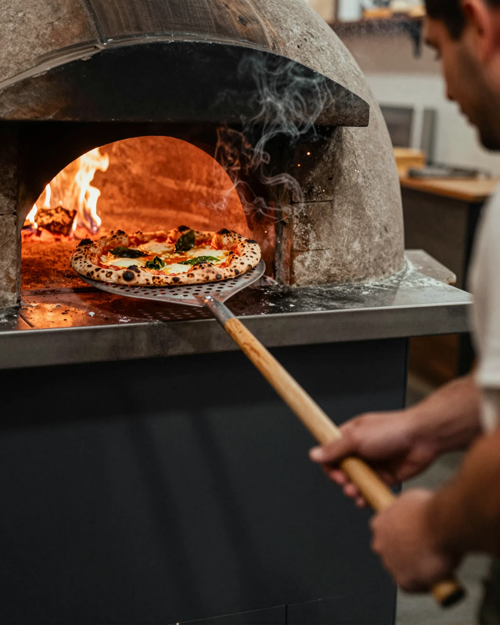 A cook sliding a blistered pizza out of a glowing wood-fired oven