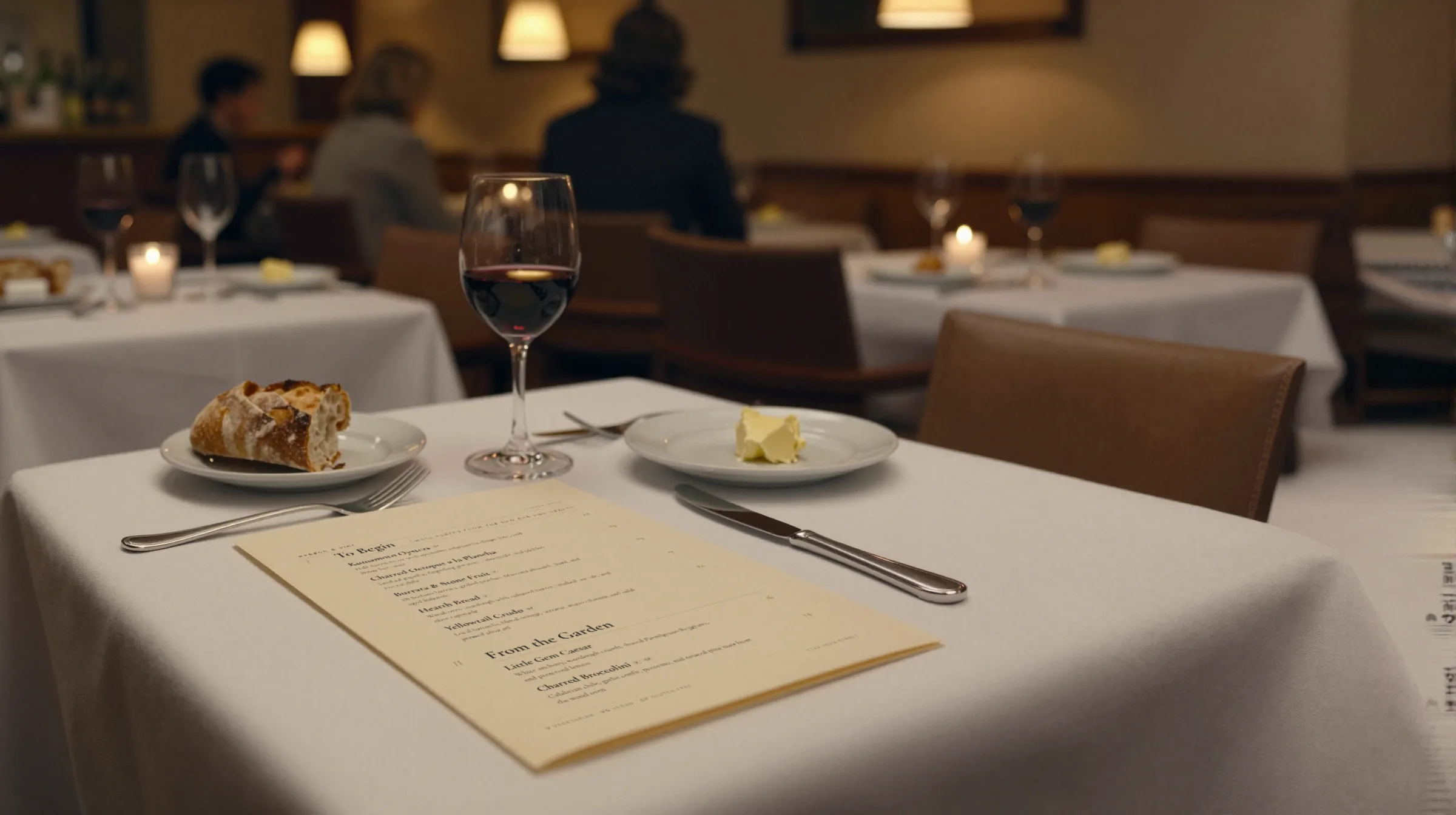 A dining room during evening service, a Gaslamp menu on a white tablecloth in the foreground