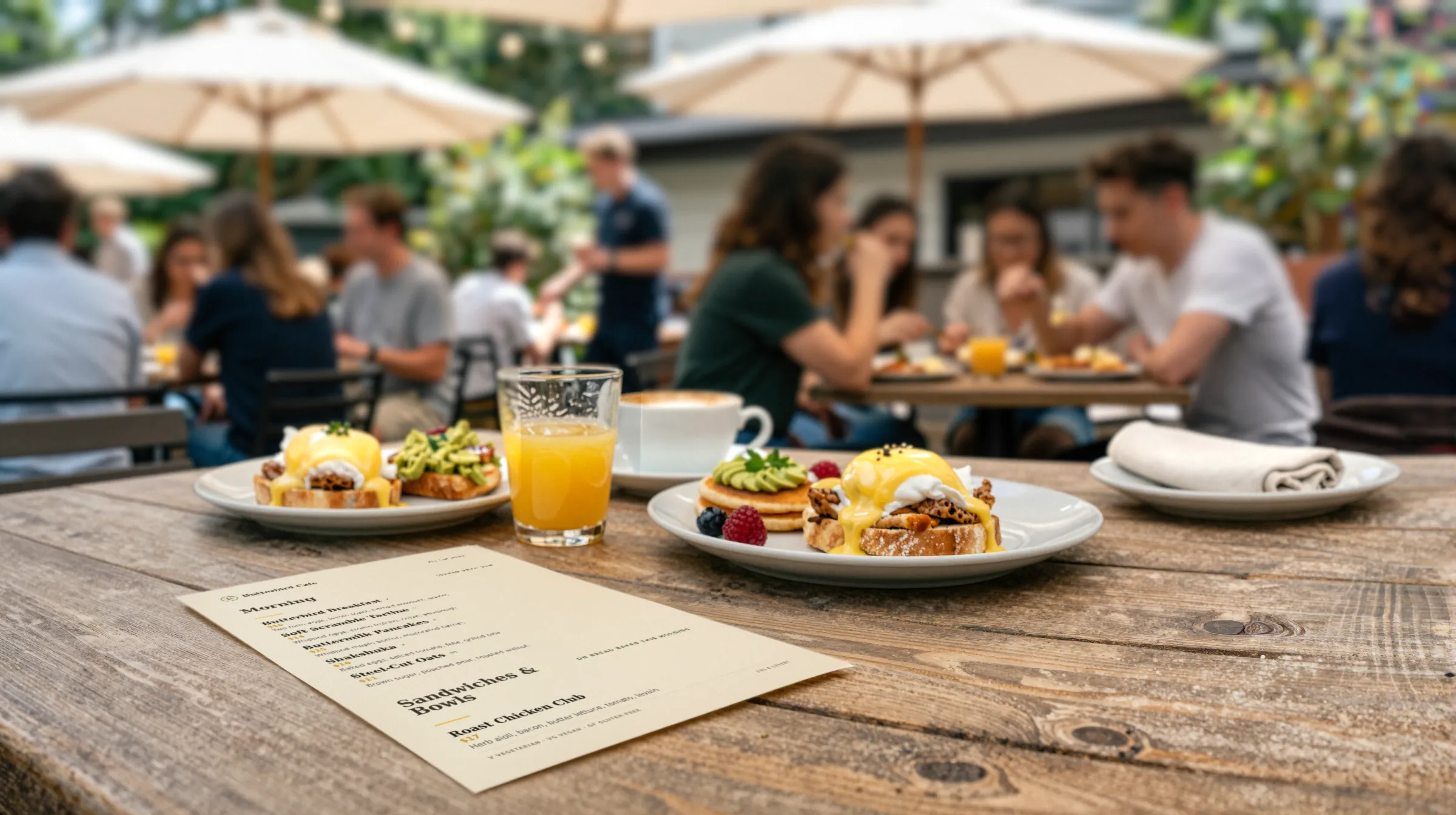 A sunny weekend brunch patio under canvas umbrellas, a printed café menu beside eggs benedict and coffee