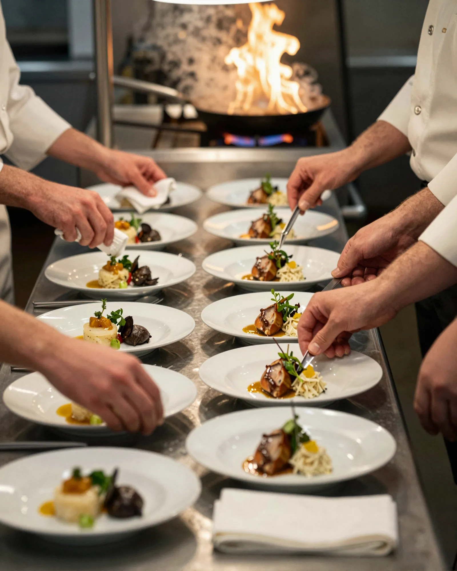 Cooks plating and finishing dishes on a steel kitchen pass while a pan flares behind