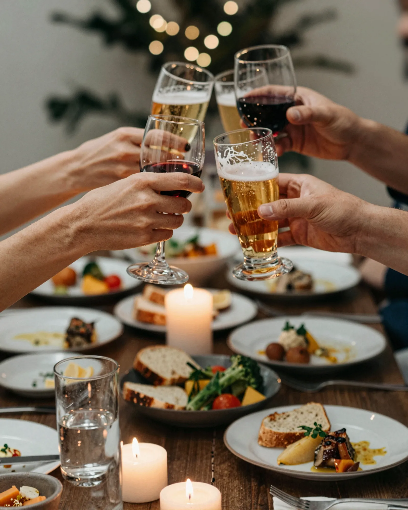 Friends raising beer and wine glasses in a toast over a candlelit table of shared plates