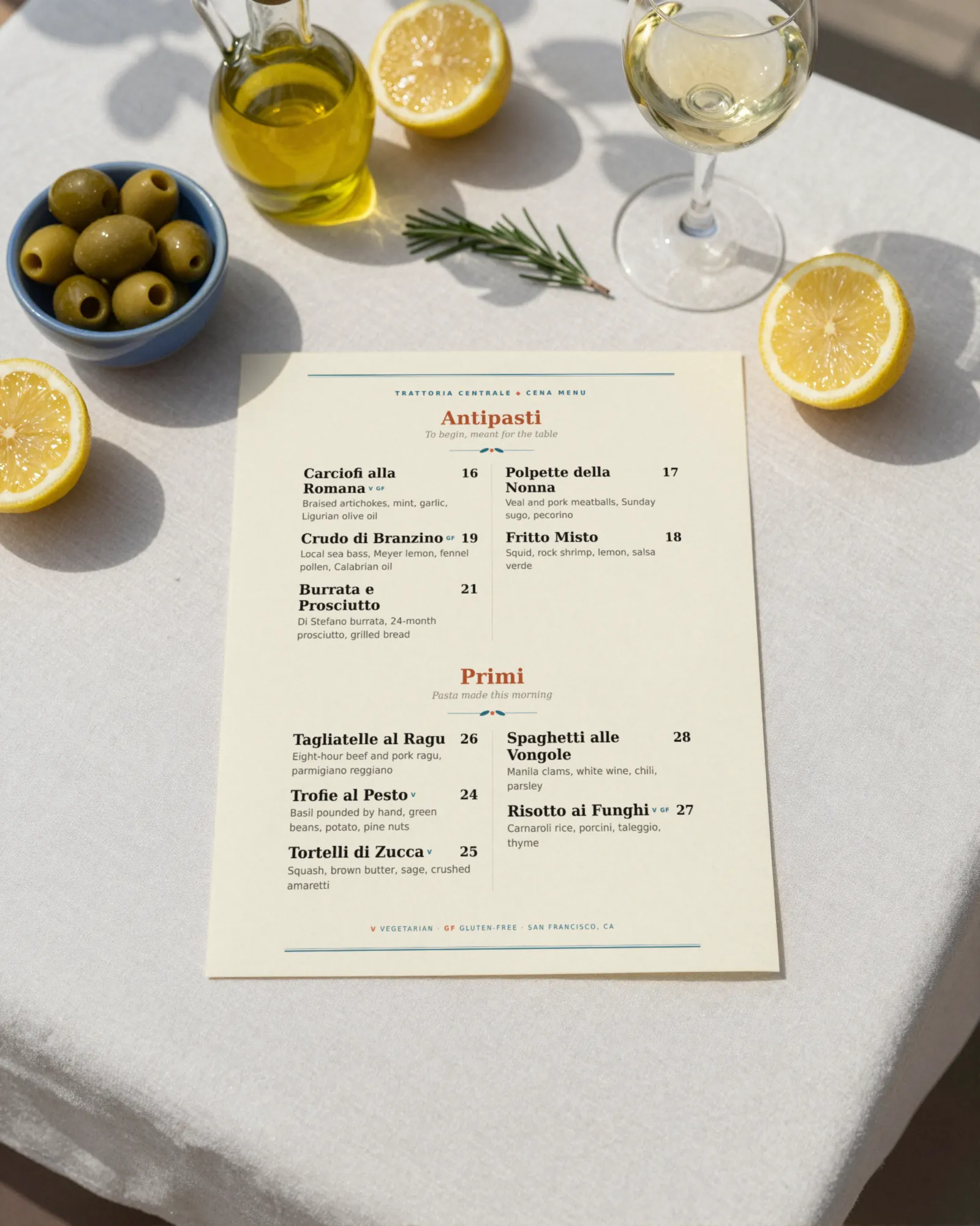 The Coastal Mediterranean design on a restaurant table. Illustrative scene with a real Gaslamp render.